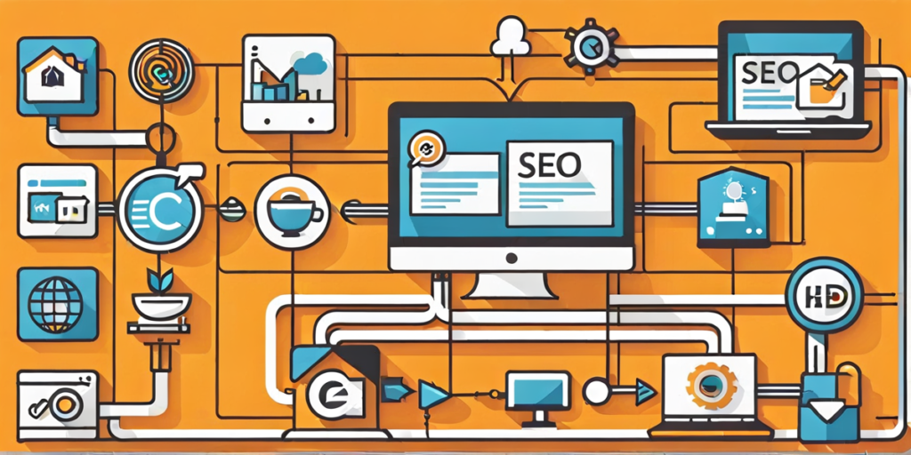 A computer screen in the center better SEO. Background with a flow of process depicting automation.