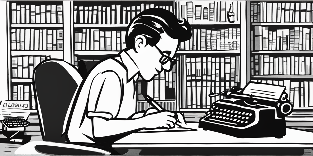 A man sitting and writing on paper. A type writer kept on the desk. A room full of books.