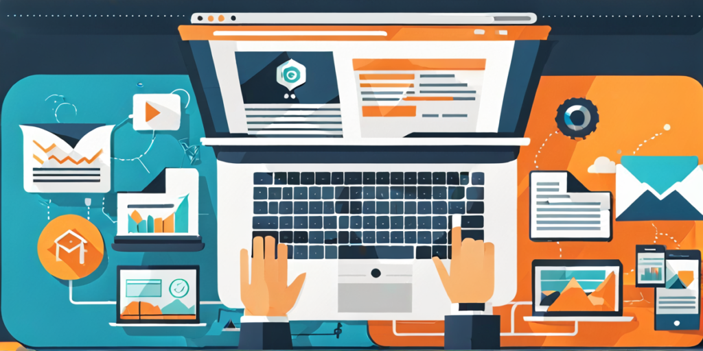 Laptop screen on which blog is being generated and the background depicting all the types of content that can be generated.