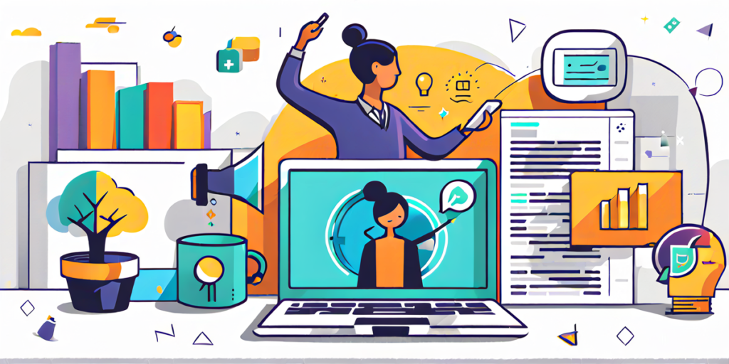Laptop on desk with a person in background using AI to generate article.