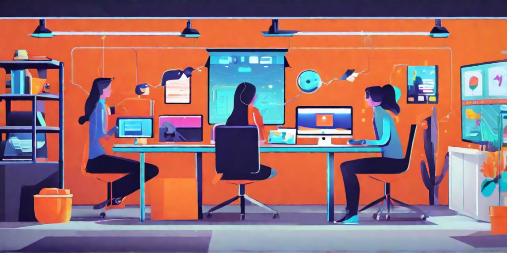 There people sitting at their work stations to create content using AI article writer.