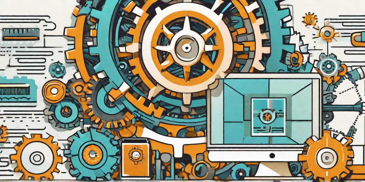 A screen with SEO content displayed and the background contains gears signifying automation of content creation.