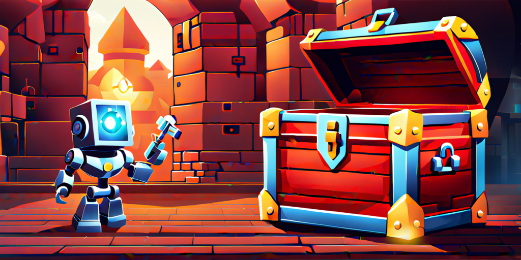 AI robot with a key unlocking a treasure box to reveal the secrets to create articles .