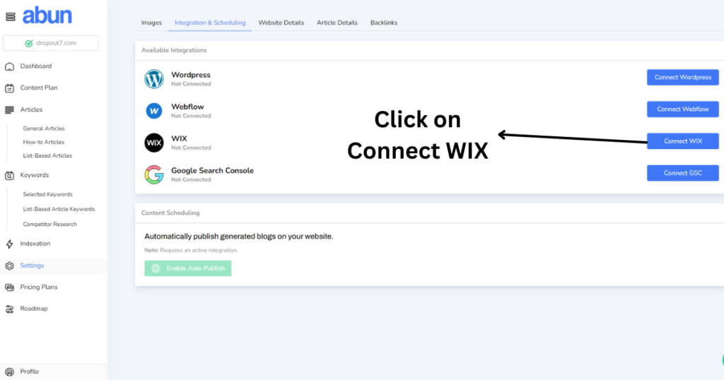 From multiple website connection option's click on "Connect WIX"