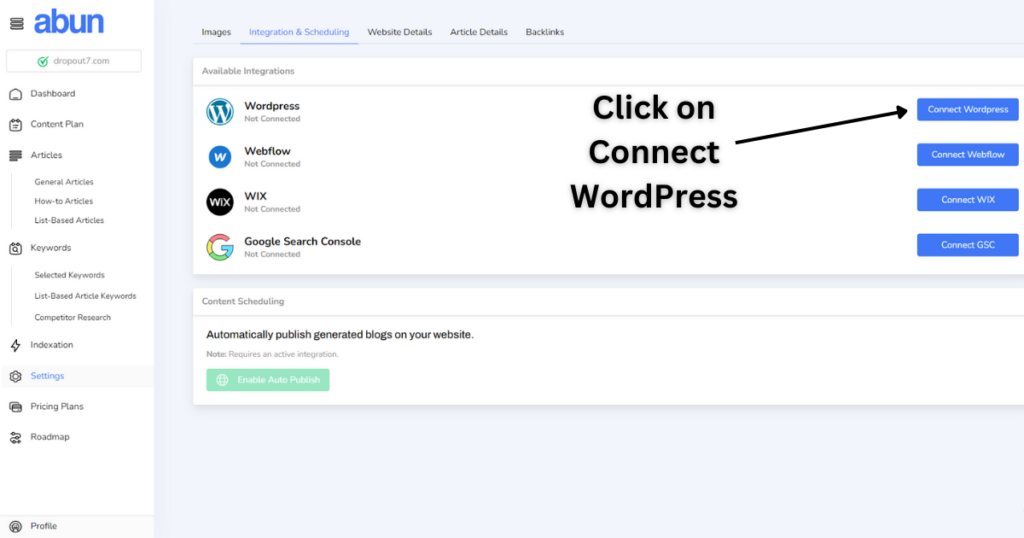 Integration & scheduling page to connect WordPress website.