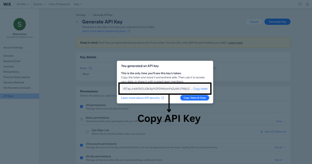 Copy your WIX API key.