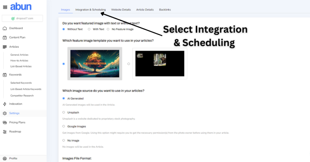 Dashboard settings page to setup integration & scheduling.