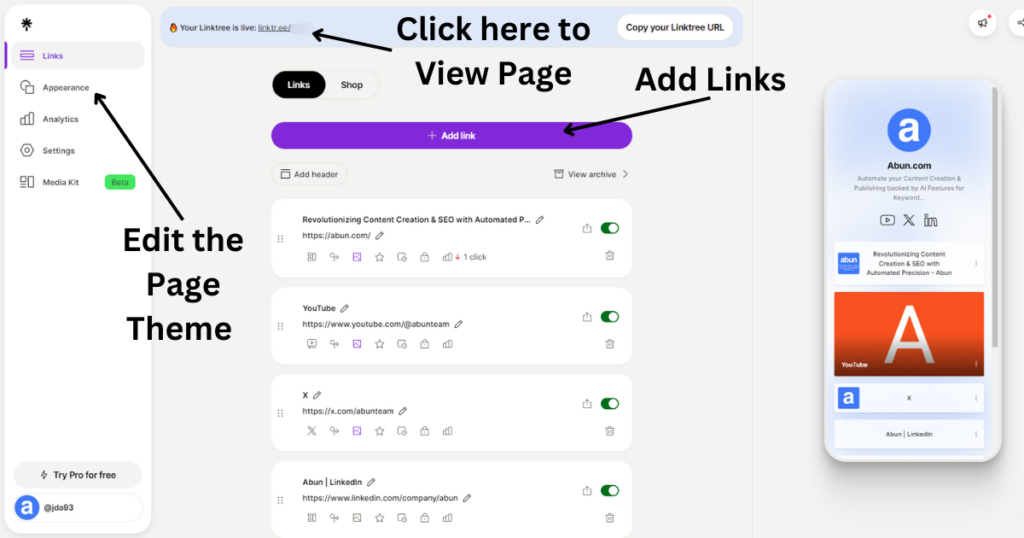 Edit your page appearance & add multiple links to drive organic traffic. 