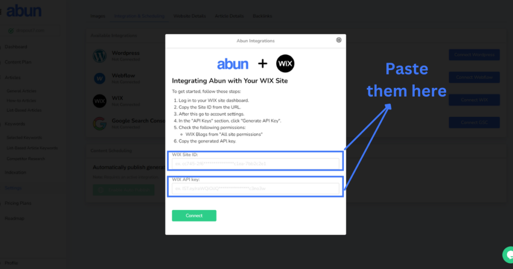 Paste your WIX Site ID & API Key in the dialog box to integrate WIX website