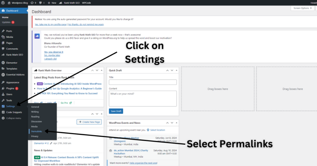 WordPress website dashboard for selecting Permalinks.
