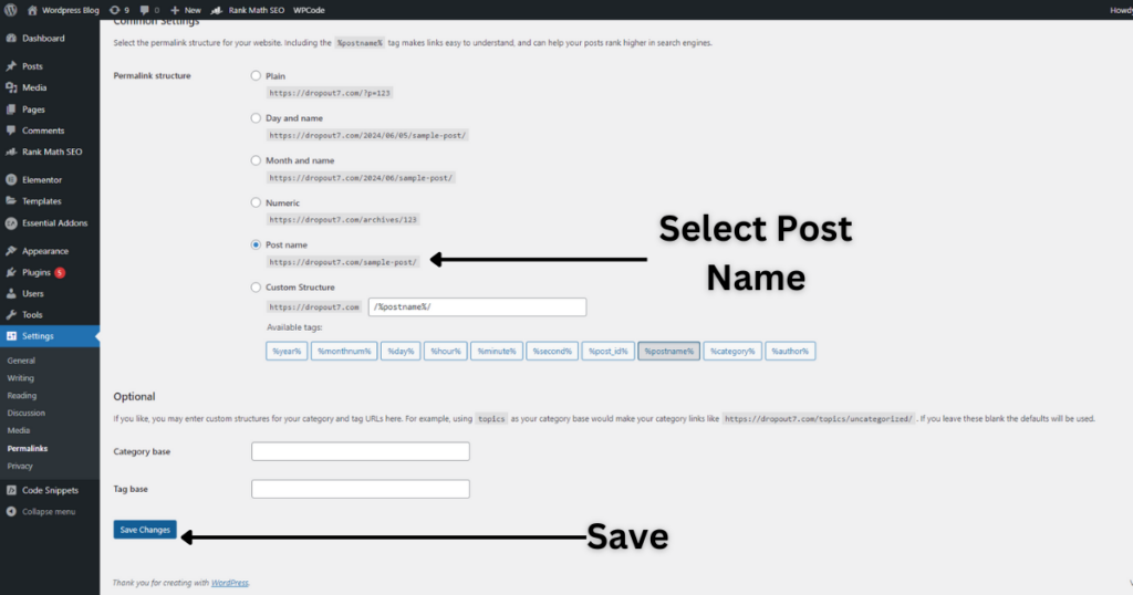 Select post name and click on save changes.