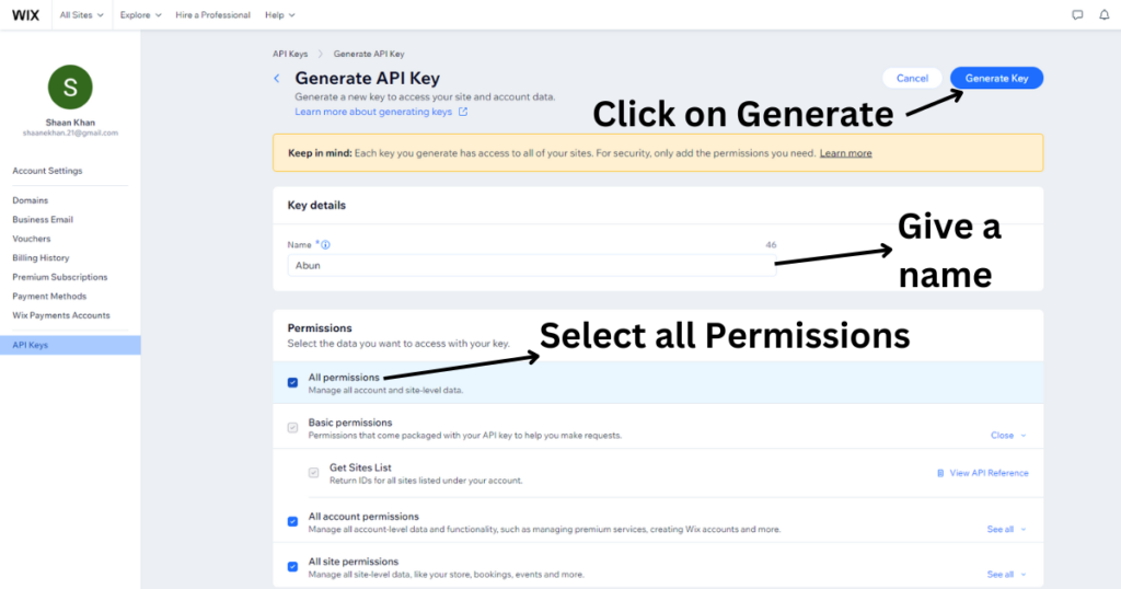 Enter the name give permissions to generate WIX API Key.