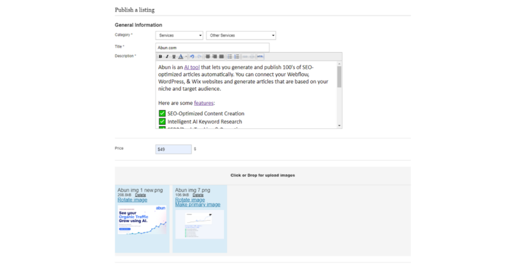 Enter your listing deatails along with backlinks to your website.
