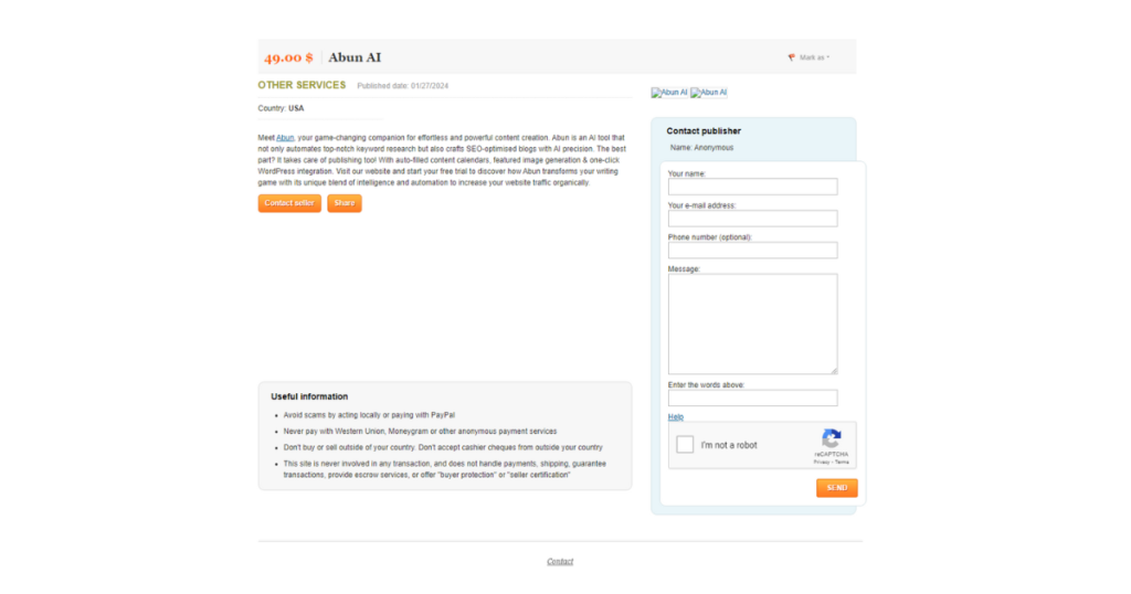 Abun;s listing on EZWebDirectory.