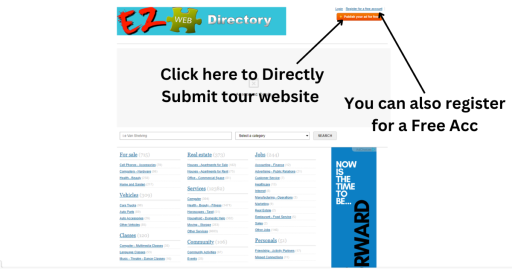 Options to publish your business details and create your user profile.