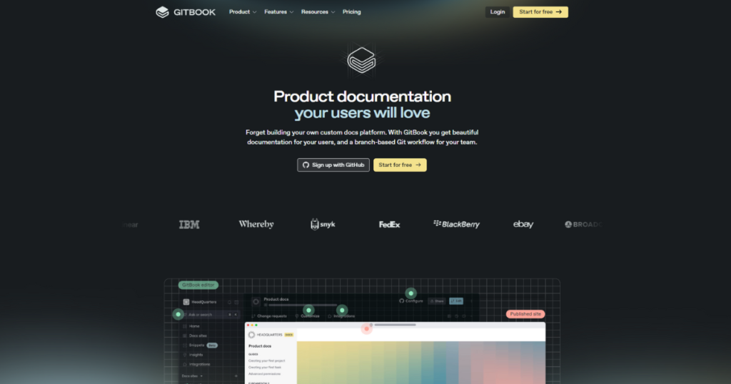 Dark themed homepage of GitBook.io