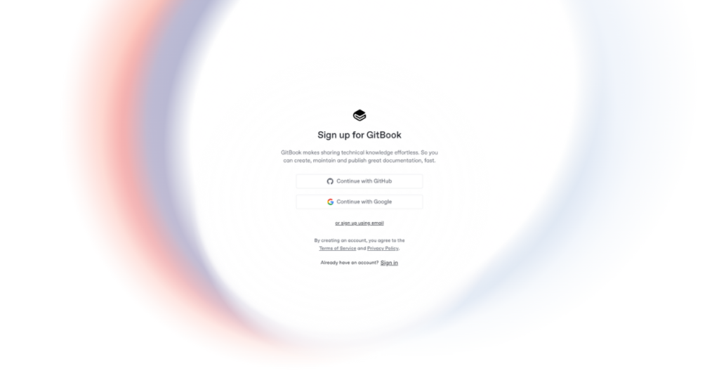 Sign up page of GitBook.io.