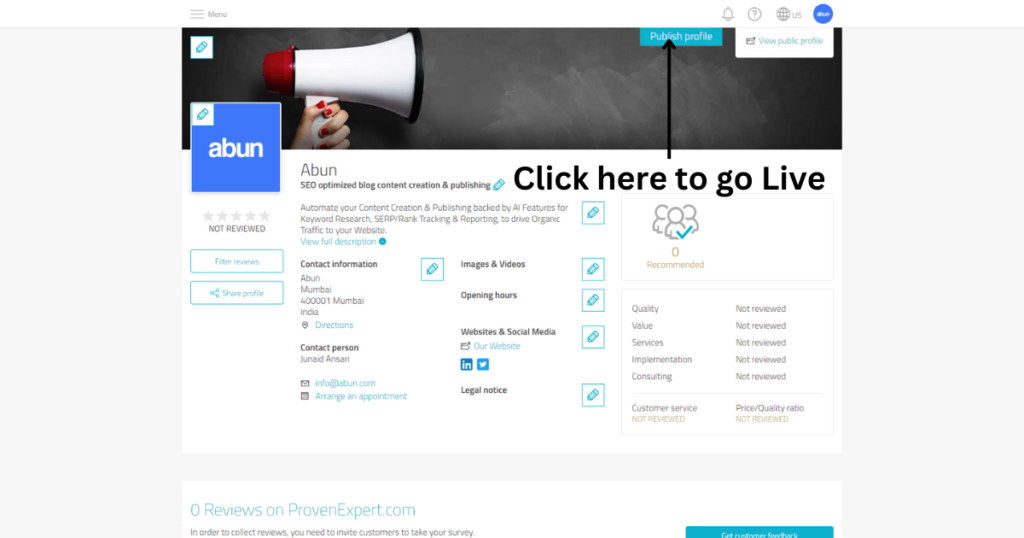 Abun's Proven Expert page with a high-quality backlink for free.