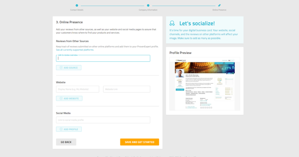 Under the Proven Expert online presence section, add high-quality backlinks to your website and social for free.