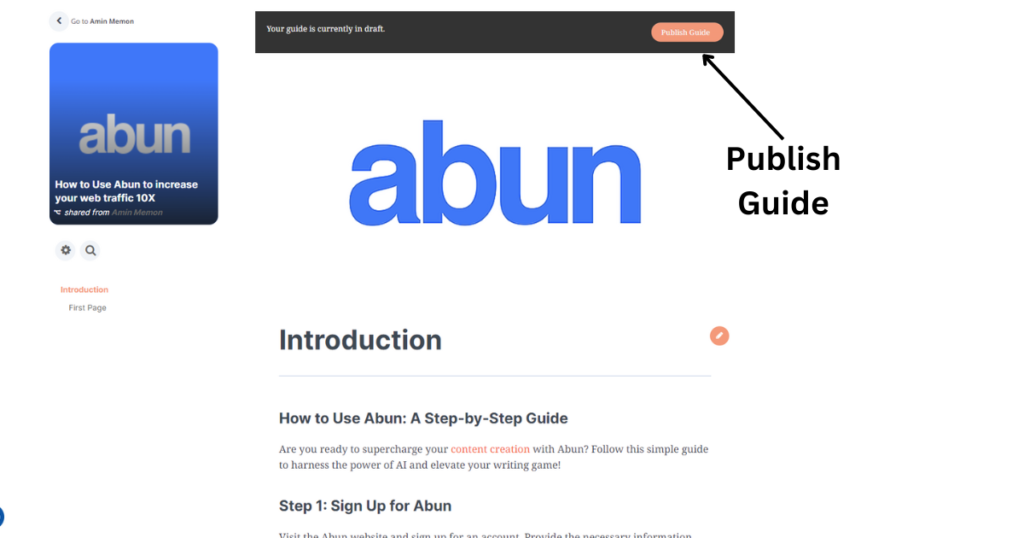 To make your content live click on publish guide.