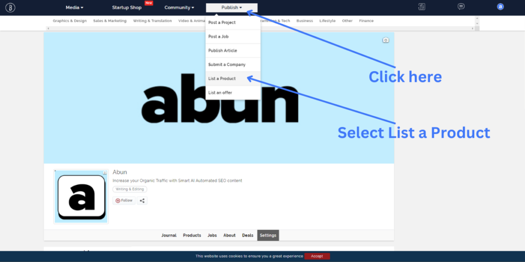 You can list products for individual startups as well. Click on publish and select List a product.