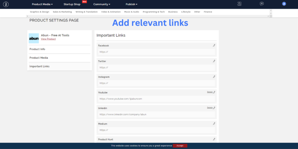 Add your product's social media links.