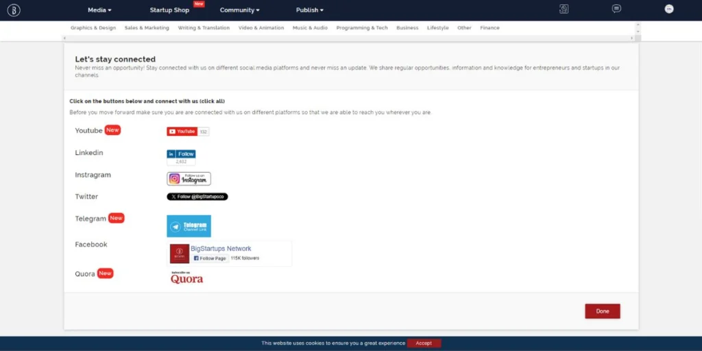 Links to BigStartups.co's social media pages.