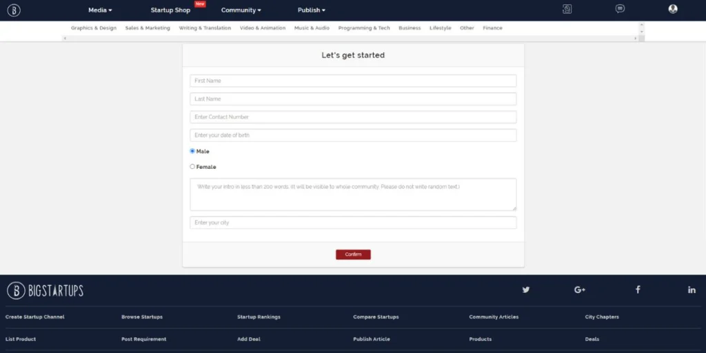Step 1 of profile creation. Enter your details in the fields.
