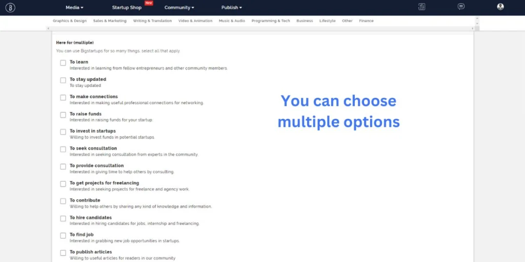 Select the purpose for using BigStartups.co