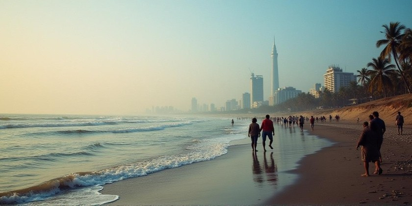 People walking on the beach in mumbai and enjoying the sunset.