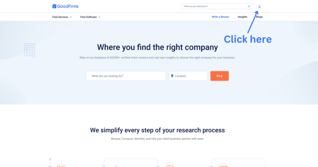 On the homepage, click on the profile icon to complete profile setup and get backlink for free from GoodFirm.co
