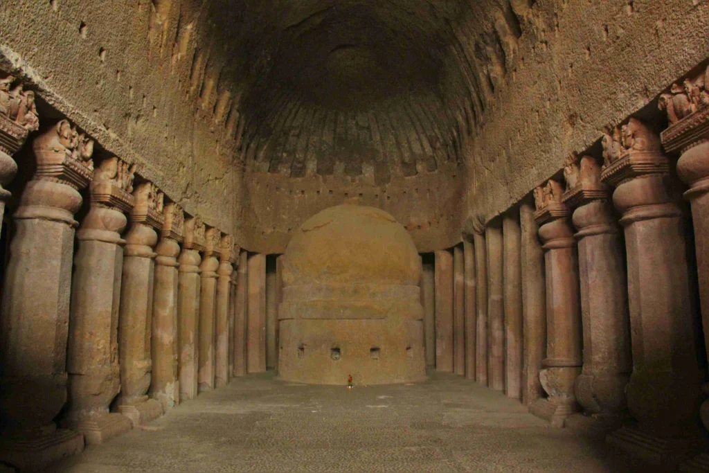 Ancient Prayer hall inside kanheri caves, mumbai, India.