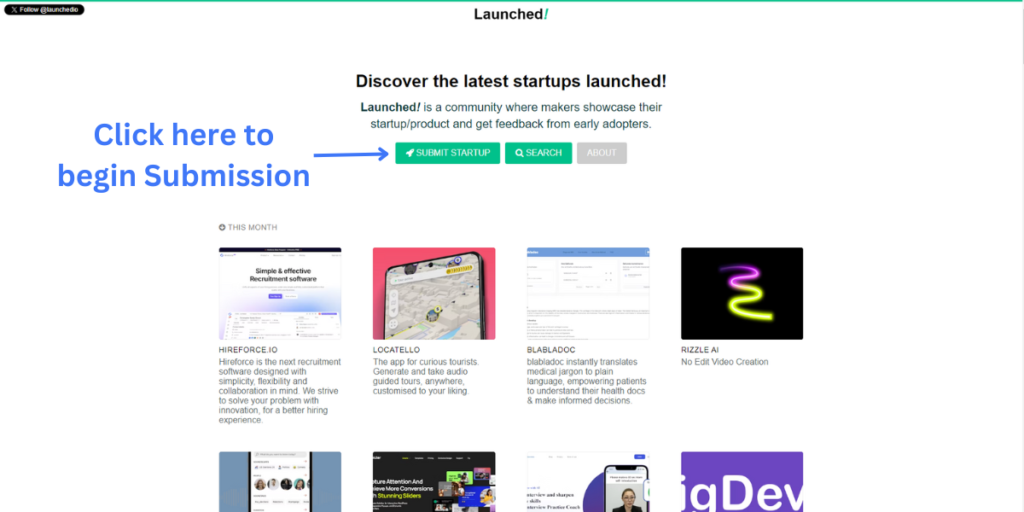 Launched.io homepage with multiple websites that have submitted and option to submit your startup to get backlink for free.