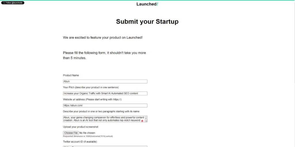 To submit your startup, you need to enter relevant details.