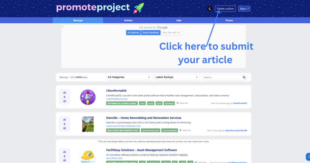 Click on Publish article in the header to begin article submission.