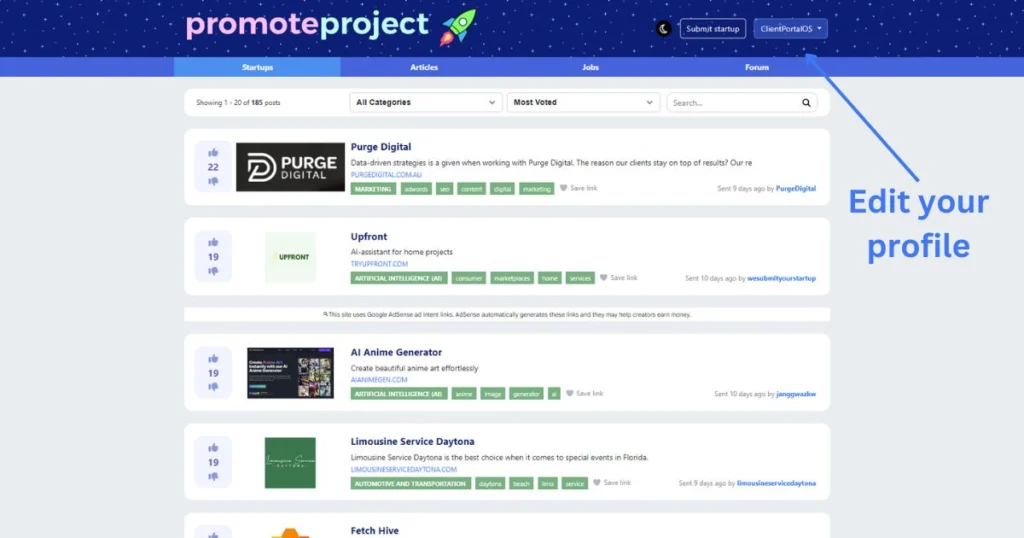 To edit your profile click on your username in the header section.
