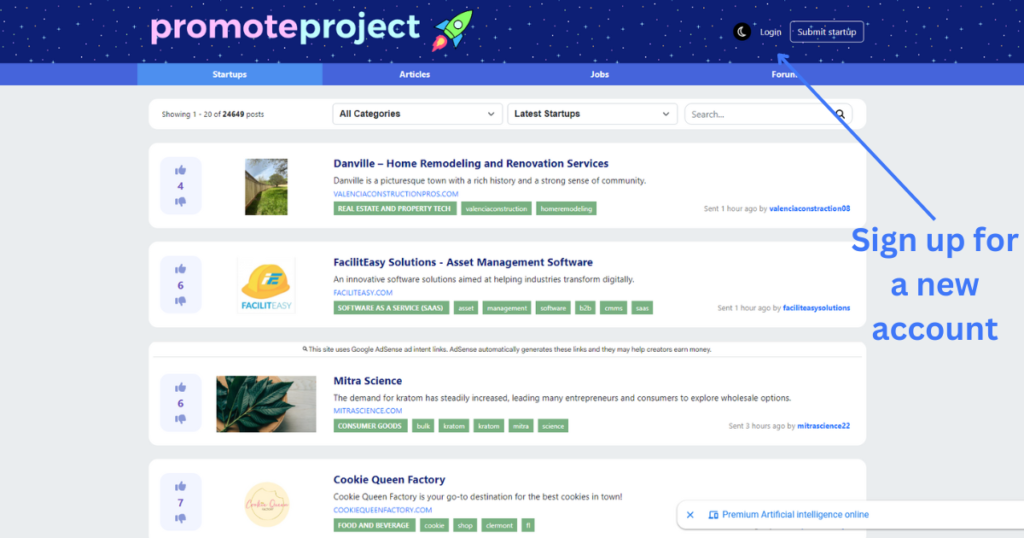 Click on login to create your new account and get a backlink for free from promoteproject.com