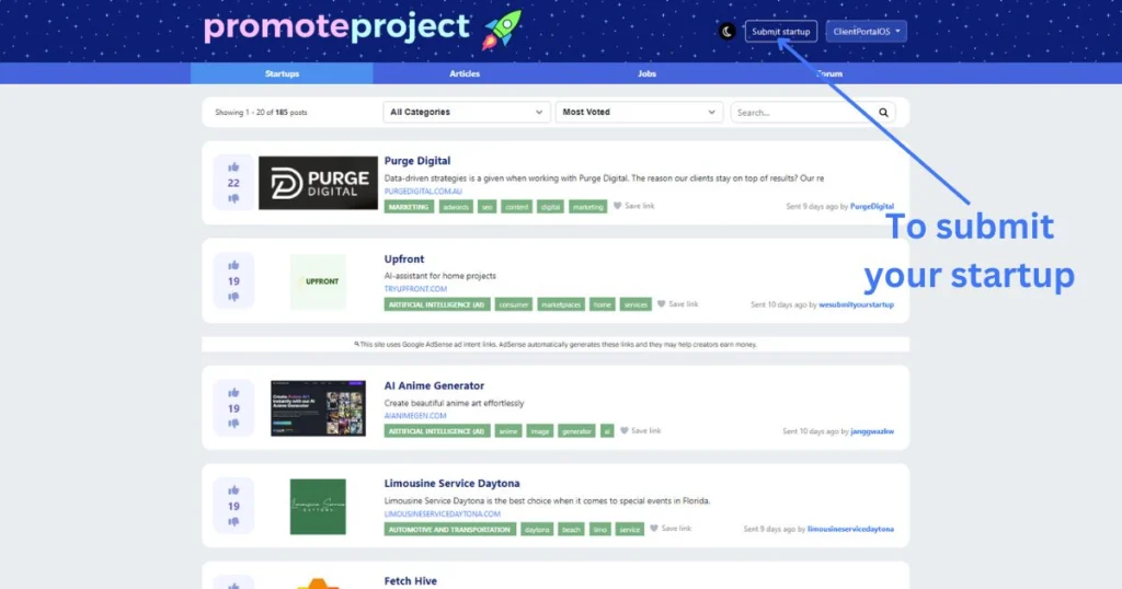 From the header click on submit startup to start the submission process.