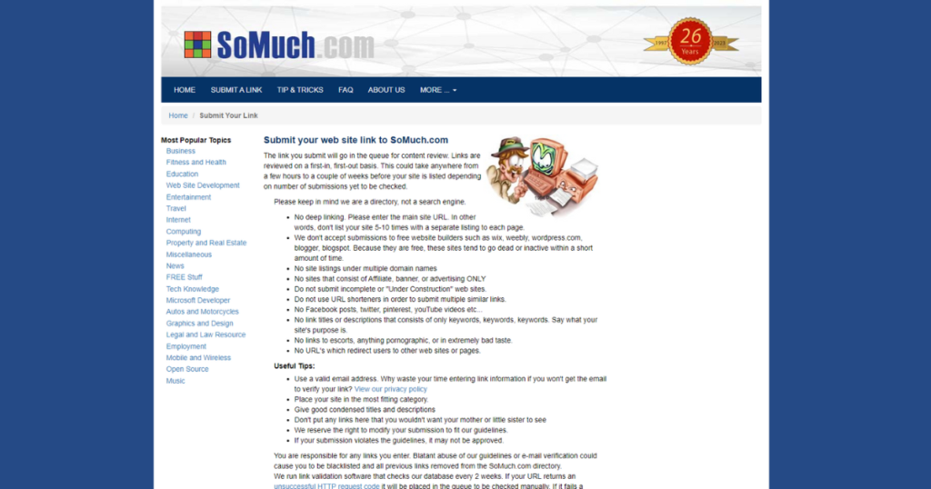Submission guidelines for getting backlinks for free from SoMuch.com