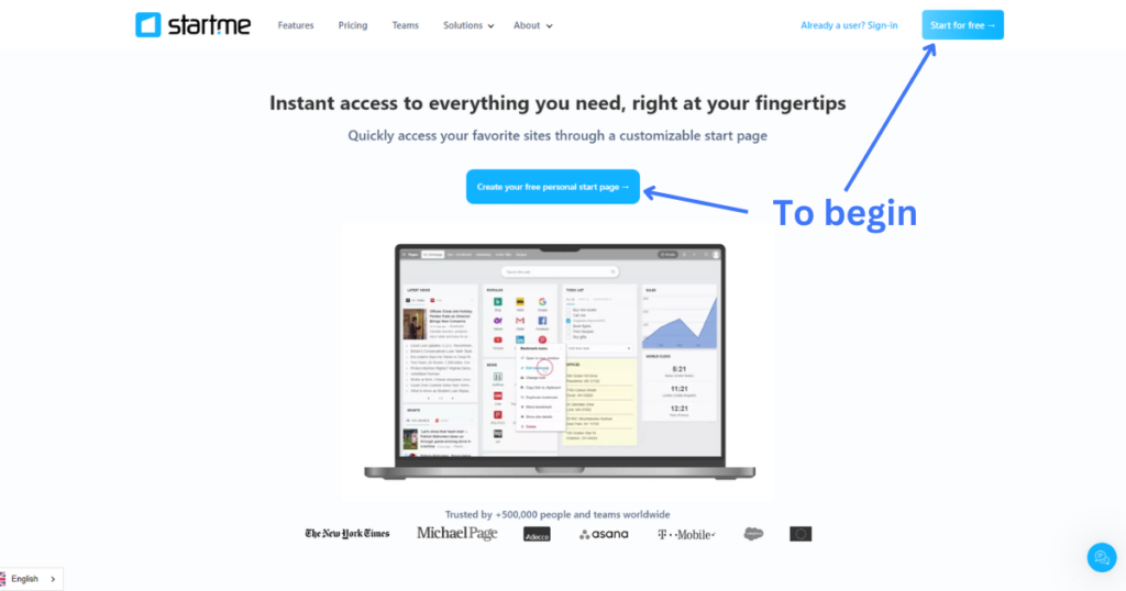 Homepage of Start.me