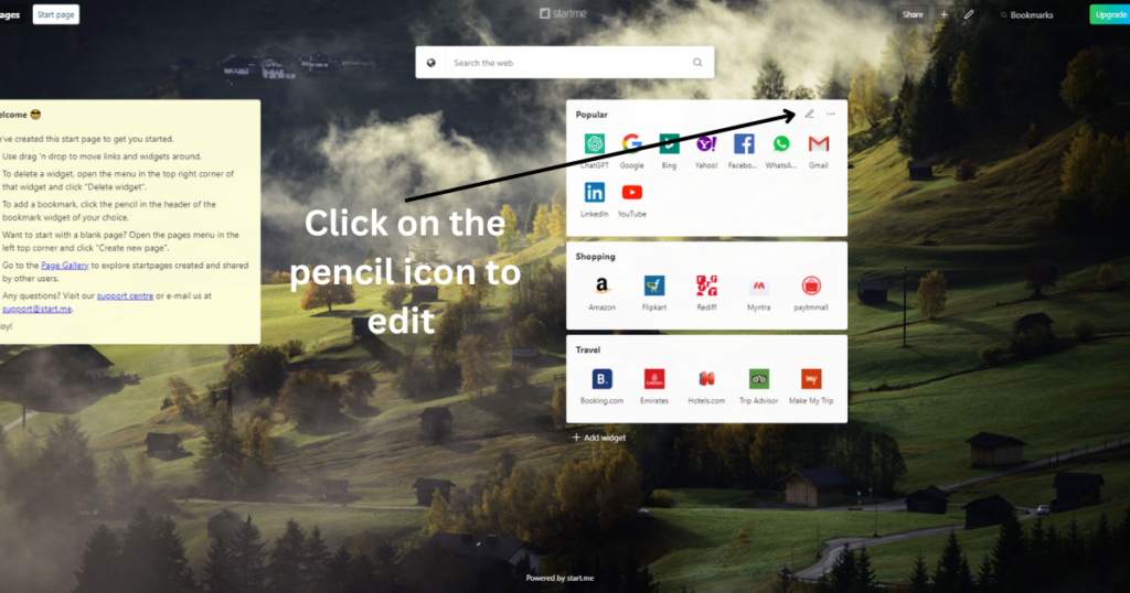 Edit your start.me page and add relevant widgets to add links for a backlink.