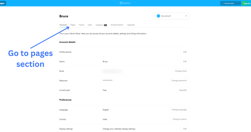 Go to the pages section to make your profile publicly visible.