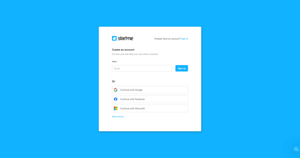 Start.me sign up page.