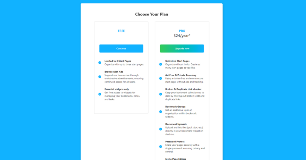 Choose a free plan to start building your profile and get a backlink for free from Start.me