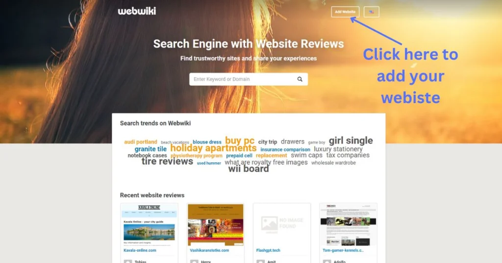 Webwiki homepage with an option to add your website and get a backlink for free. 