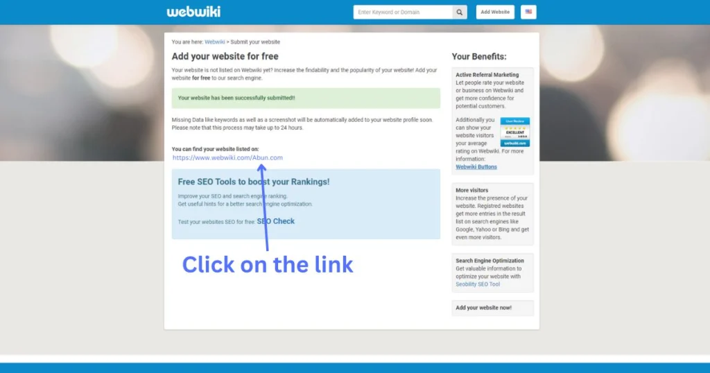 Click on the link to visit your live page on webwiki.