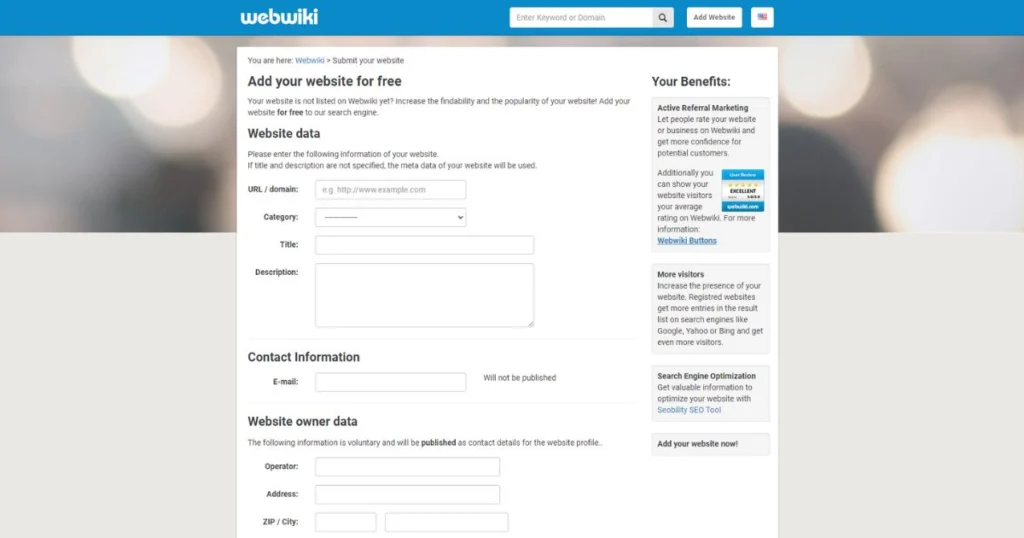 Enter your details to list your website on webwiki.