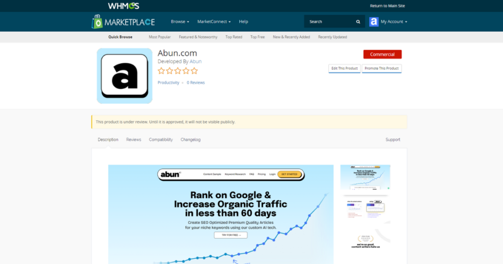 Live page of abun on whmcs.com