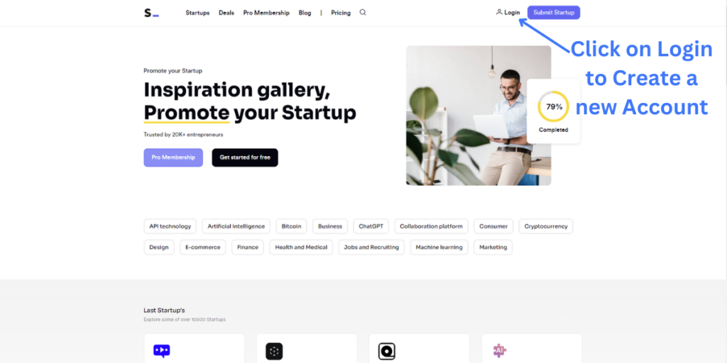 Homepage of StartupInspire.com with the options to login or submit startup.