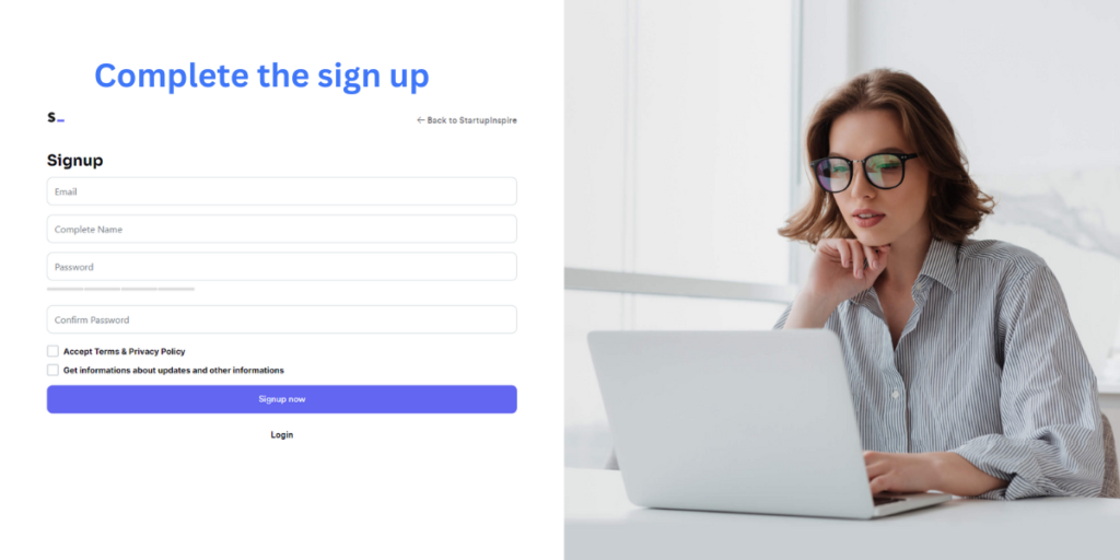 Sign up page with fields for email, name, & password.